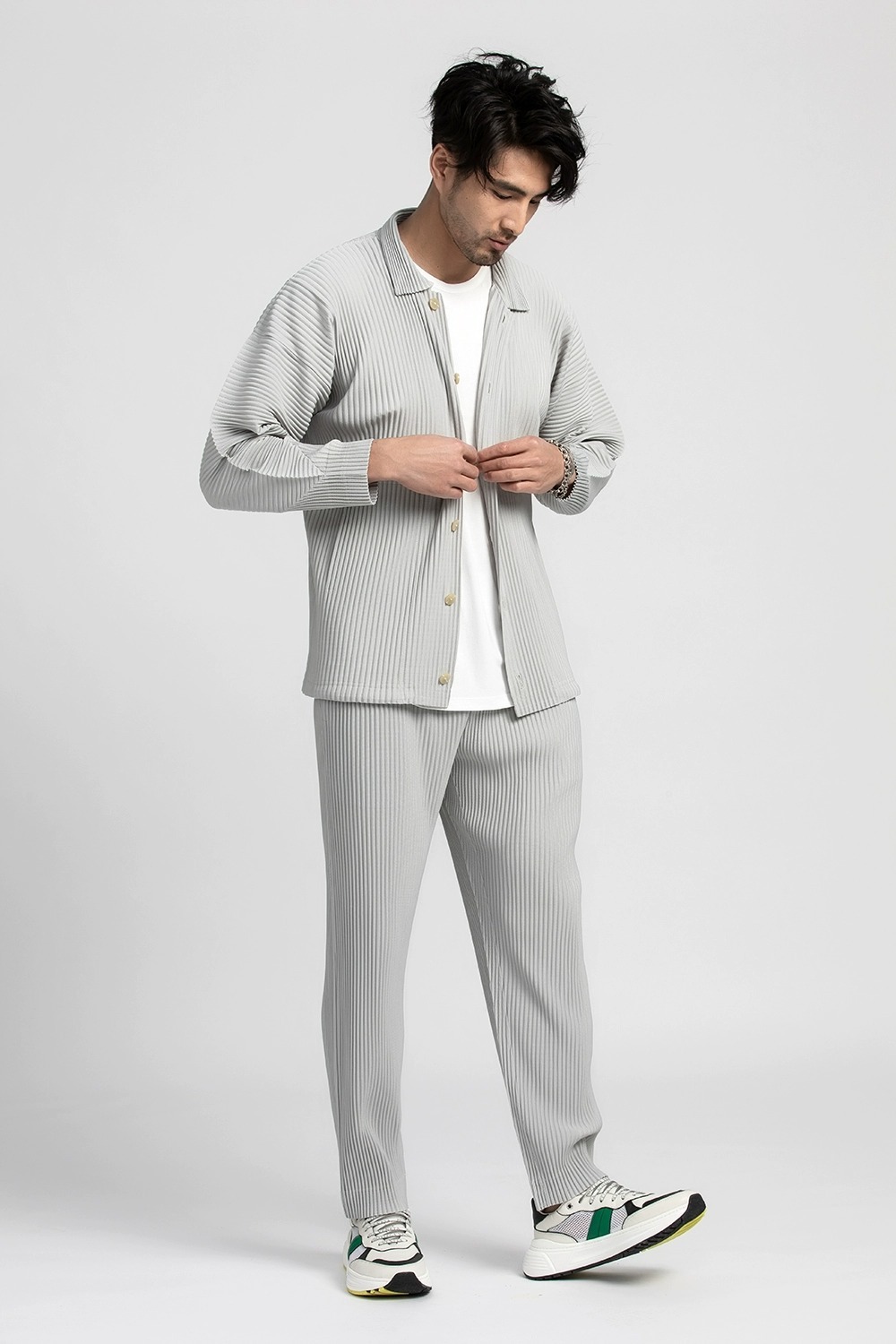 Men's Pleated Long Sleeve Shirt Casual Button Up Shirt