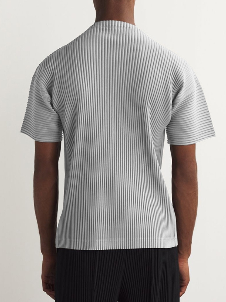 Men's Pleated Short Sleeve Turtleneck T-Shirt Fashion Plain Tee