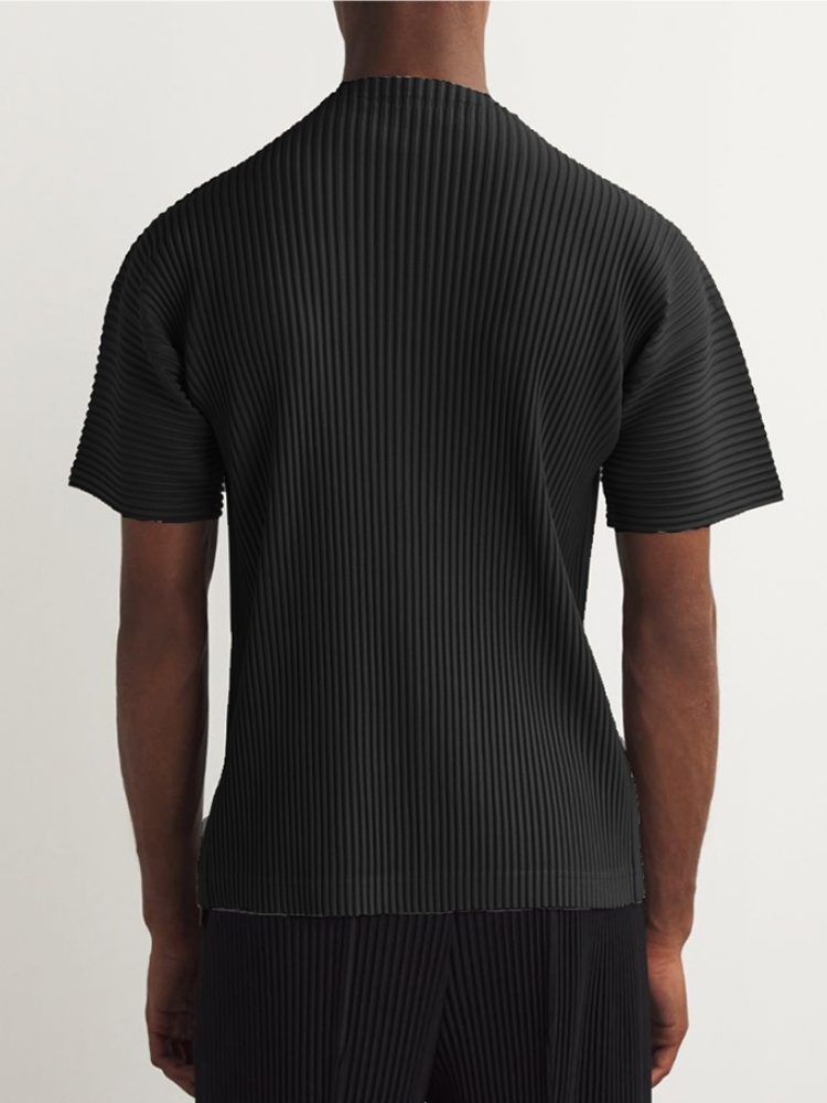 Men's Pleated Short Sleeve Turtleneck T-Shirt Fashion Plain Tee