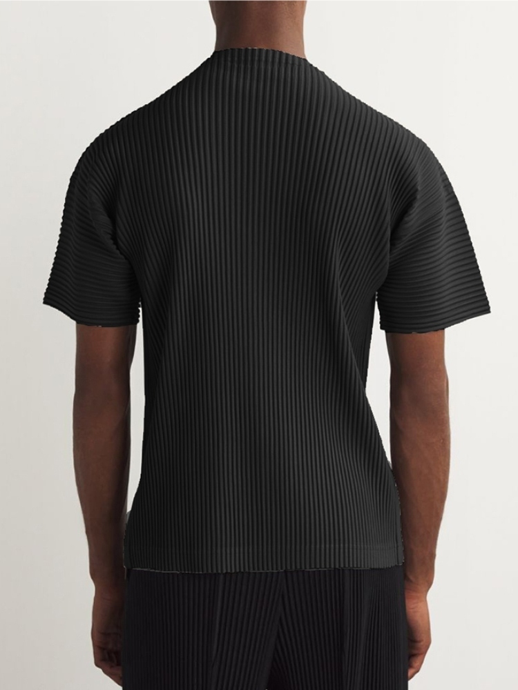 Men's Pleated Short Sleeve Turtleneck T-Shirt Fashion Plain Tee