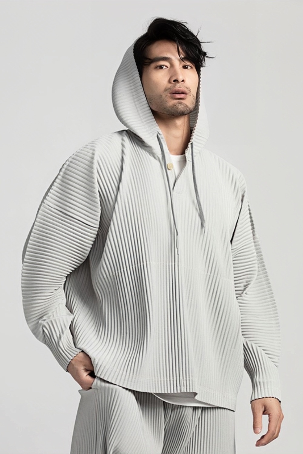 Men's Pleated Solid Long Sleeve Hoodies Loose Fit Hooded Sweatshirt