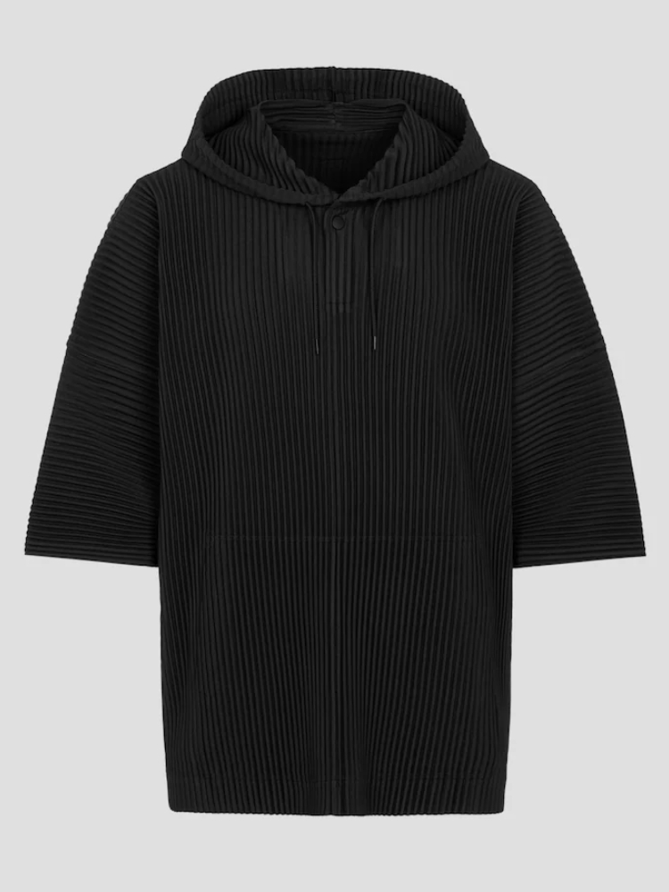 Men's Pleated Black Drawstring Hoodie With Big Pockets, Going Out, Casual