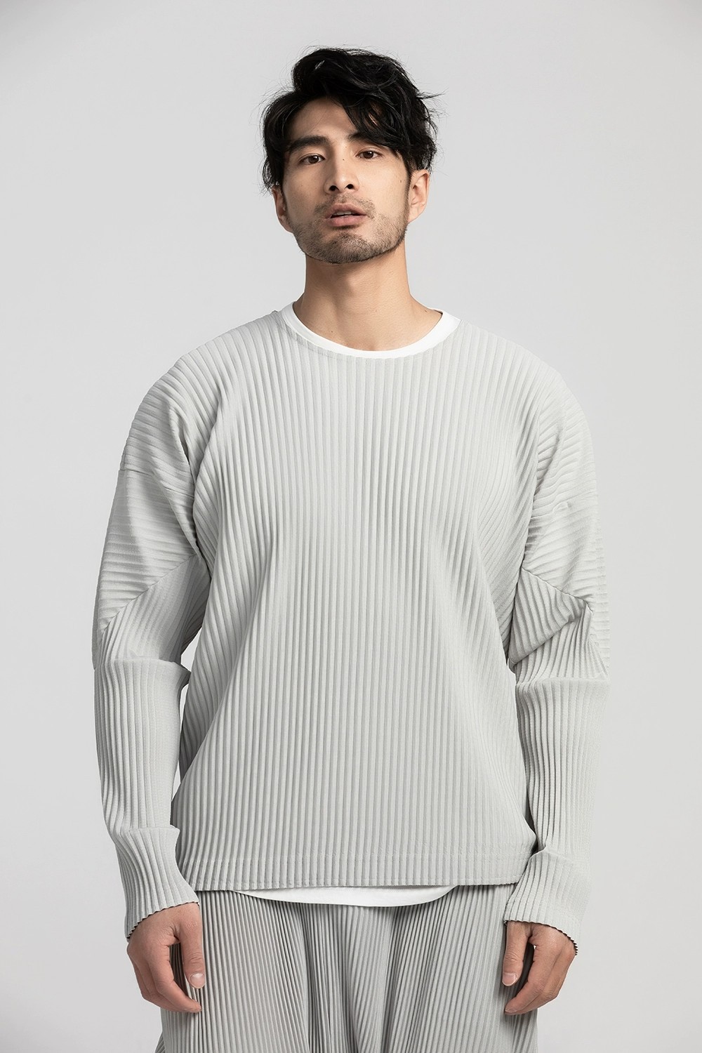 Men's Pleated Long Sleeve Plain T Shirt Japanese Streetwear Round Collar T-shirt