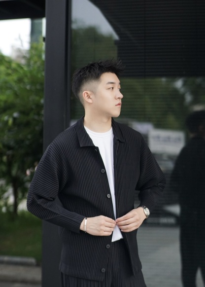 Men's Pleated Long Sleeve Shirt Casual Button Up Shirt