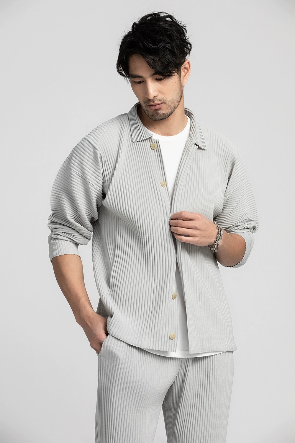 Men's Pleated Long Sleeve Shirt Casual Button Up Shirt