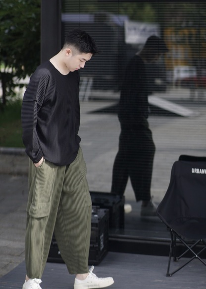 Men's Pleated Loose Cargo Pants Fashion Casual Streetwear Overalls Drawstring Elastic Waist