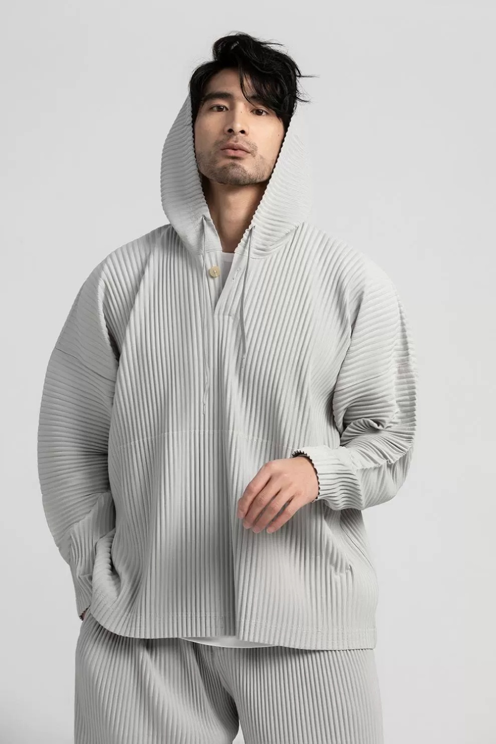 Men's Pleated Solid Long Sleeve Hoodies Loose Fit Hooded Sweatshirt