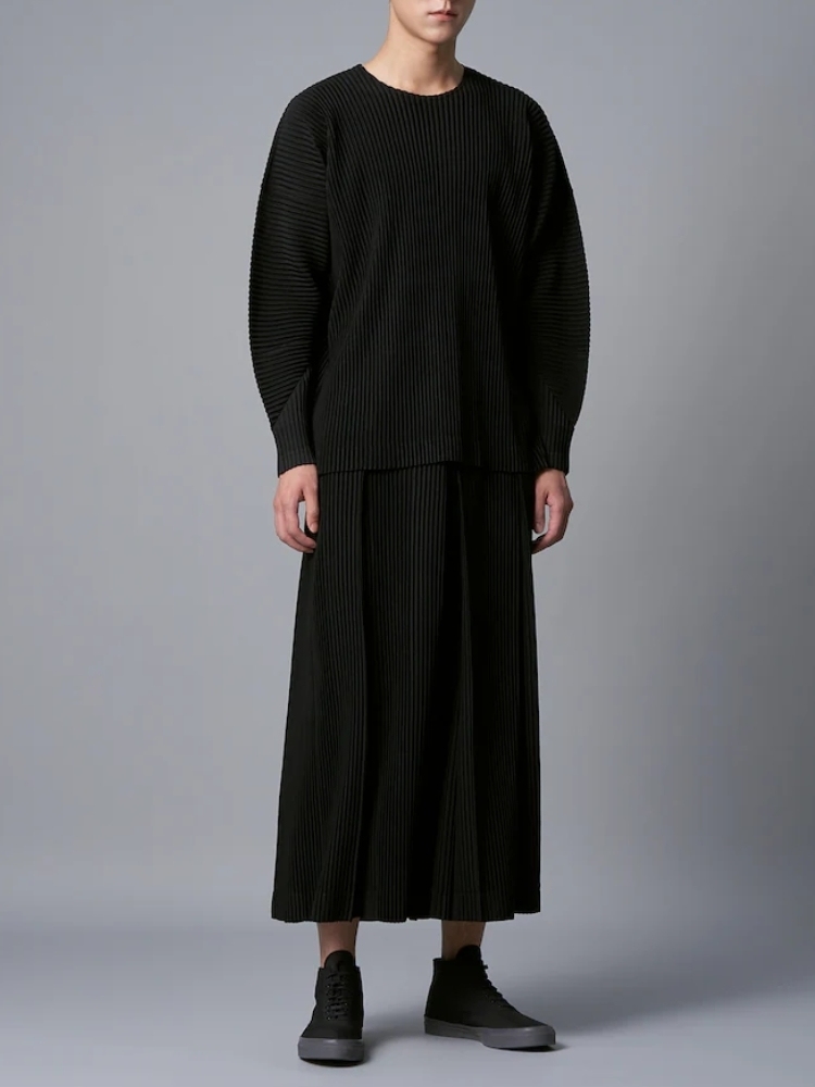 Men's Pleated Slit Long Sleeve T-Shirt Fashion Korean Streetwear Tshirts