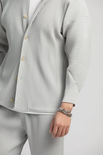 Men's Pleated Long Sleeve Shirt Casual Button Up Shirt