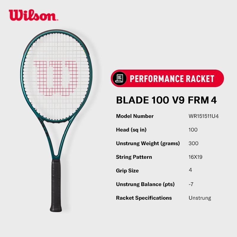 Wilson BLADE 100 V9 Performance Tennis Racket Grip Size 4 (Unstrung)