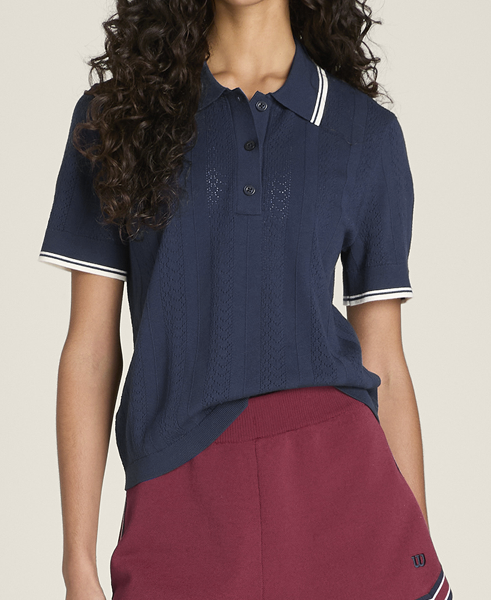 W ADDISON KNIT POLO POINTELLE CL NVY