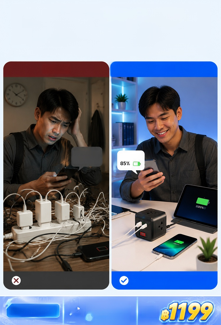 【ซื้อ 1 ครบจบทุกฟังก์ชัน】ปลั๊กไฟรูบิคหลายช่อง ชาร์จไวพร้อมกันหลายเครื่อง หัวชาร์จไม่เบียดกัน!
