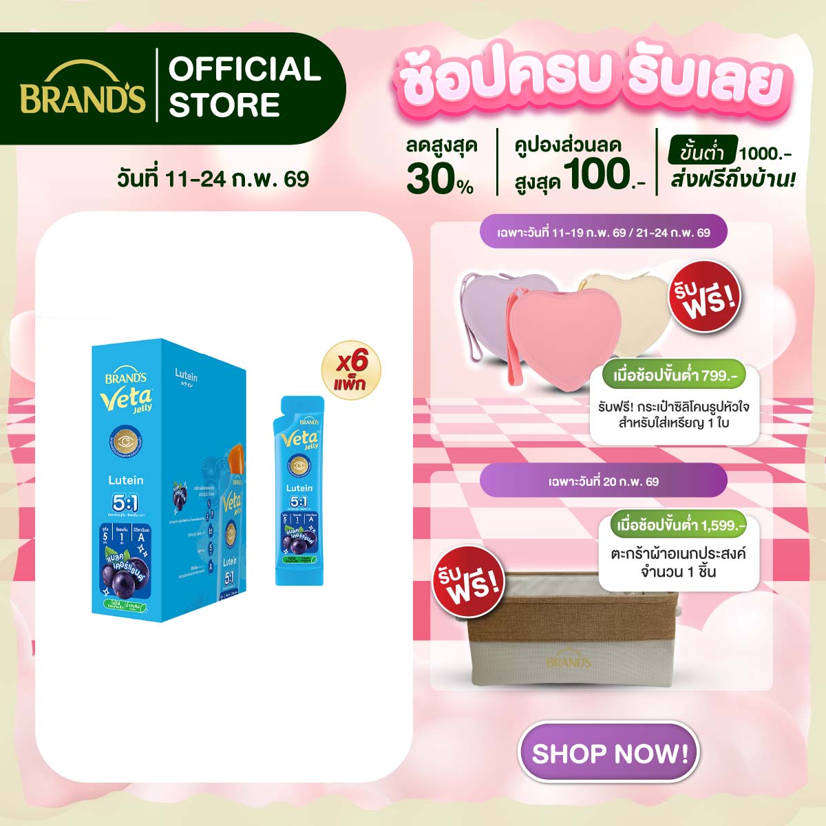 [ยกลัง] แบรนด์ วีต้า เจลลี่ ลูทีน 18 ก. x 15 ซอง  x 6 แพ็ก (90 ซอง)