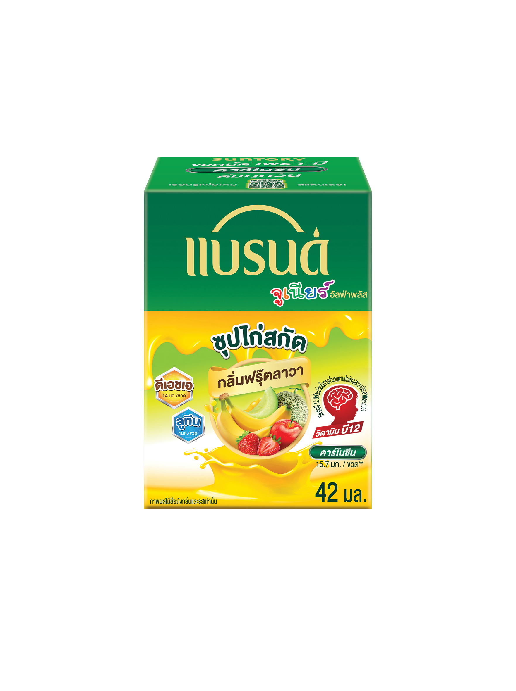 แบรนด์จูเนียร์ อัลฟ่าพลัส ซุปไก่สกัด กลิ่นฟรุ๊ตลาวา 42 มล. x 12 ขวด