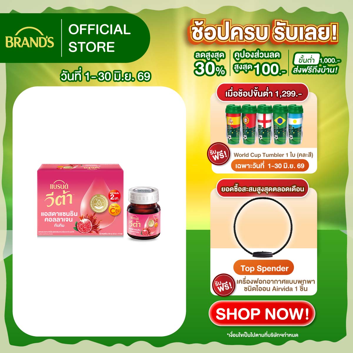 แบรนด์ วีต้า แอสตาแซนธิน คอลลาเจน ทับทิมช็อต 42 มล. x 12 ขวด