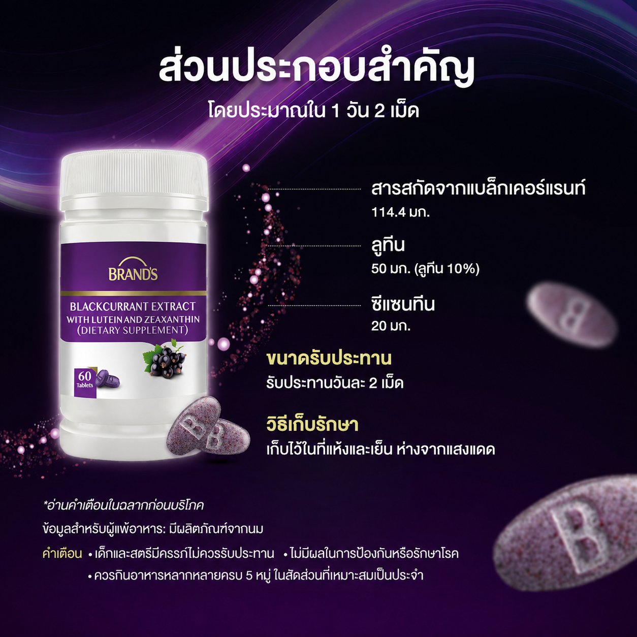 แบรนด์ สารสกัดจากแบล็กเคอร์แรนท์ ผสมลูทีนและซีแซนทีน 60 เม็ด ลูทีน