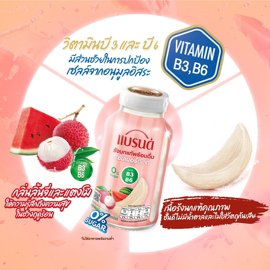 แบรนด์รังนกแท้พร้อมดื่มผสมผสมวิตามินบี3 และบี6 กลิ่นซัมเมอร์ ดีไลท์ 150 มล. x 6 ขวด