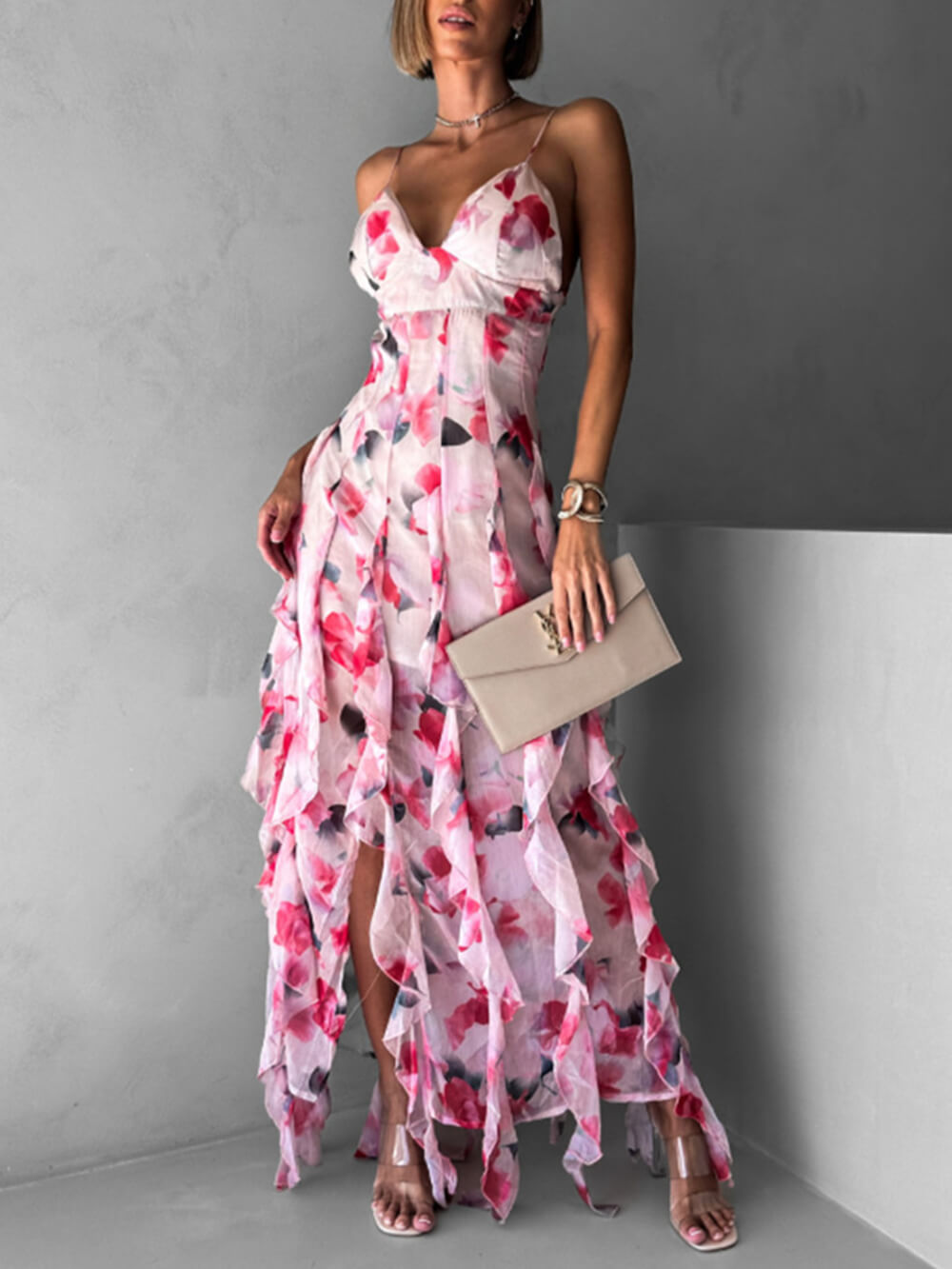 Fashionable Chiffon Printed Off-Shoulder Slit Maxi Dress
