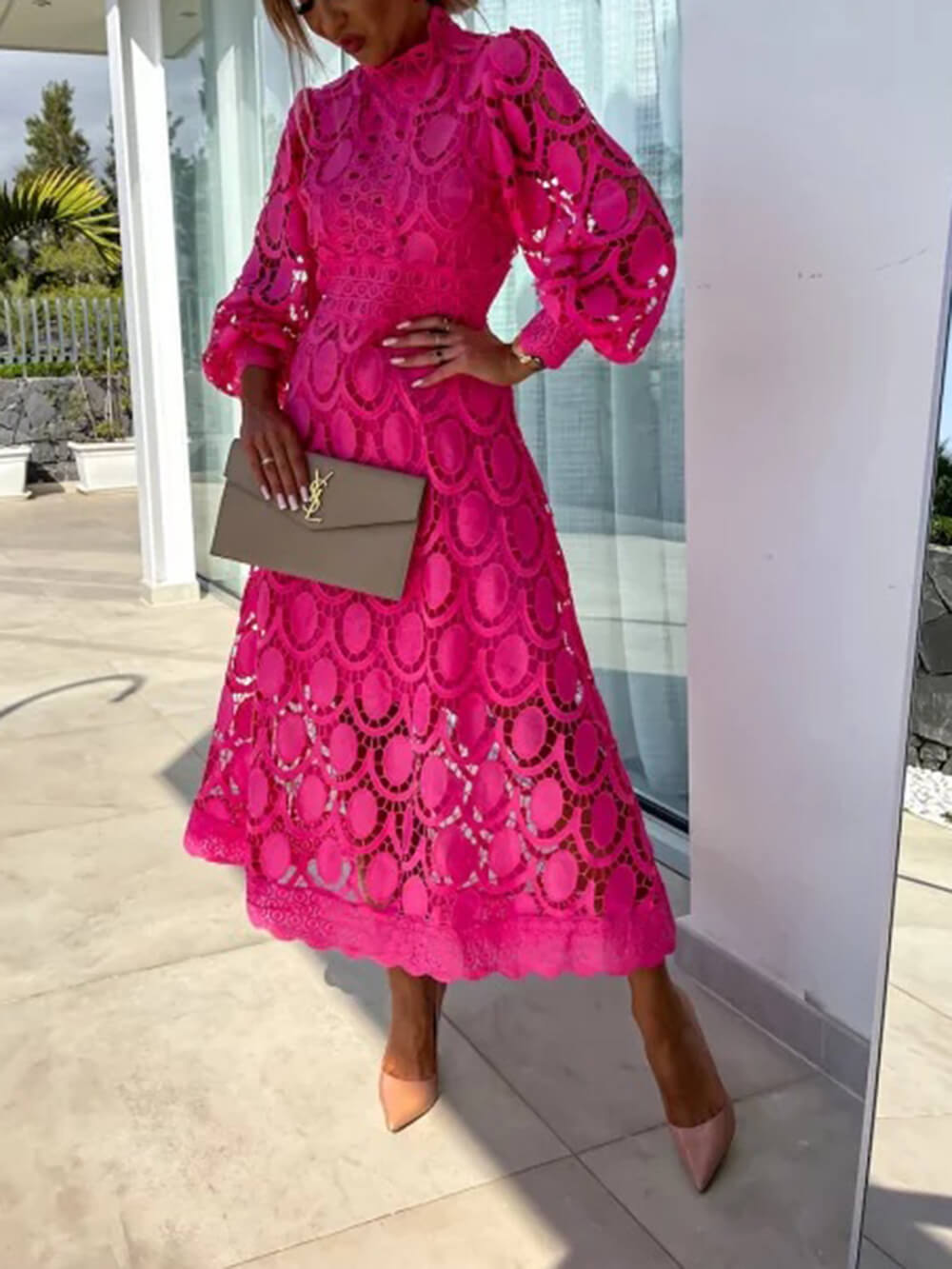 French Lace High-Neck Puff Sleeve Waist-Cinching Midi Dress