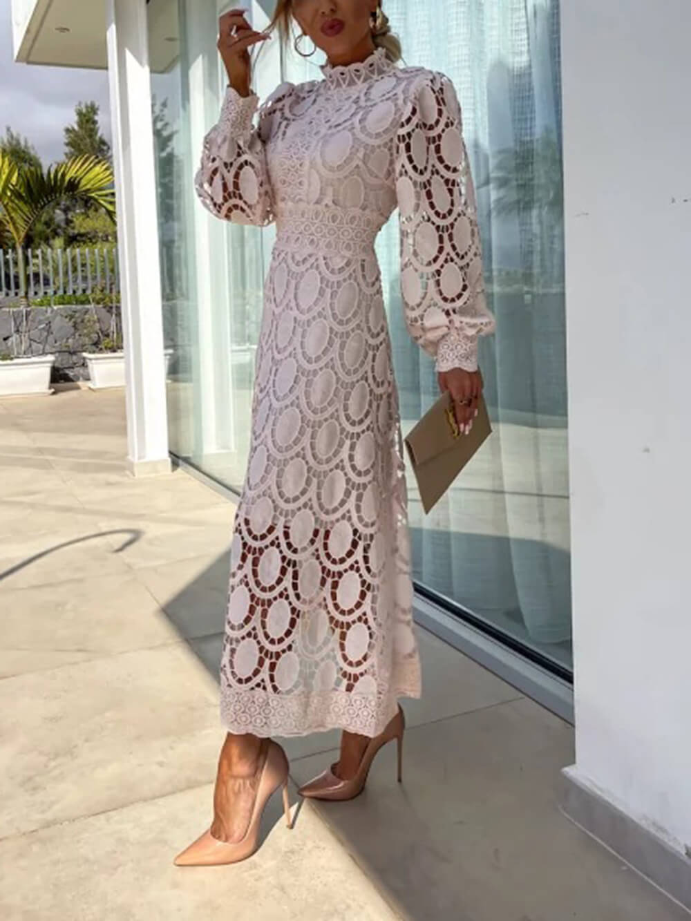 French Lace High-Neck Puff Sleeve Waist-Cinching Midi Dress