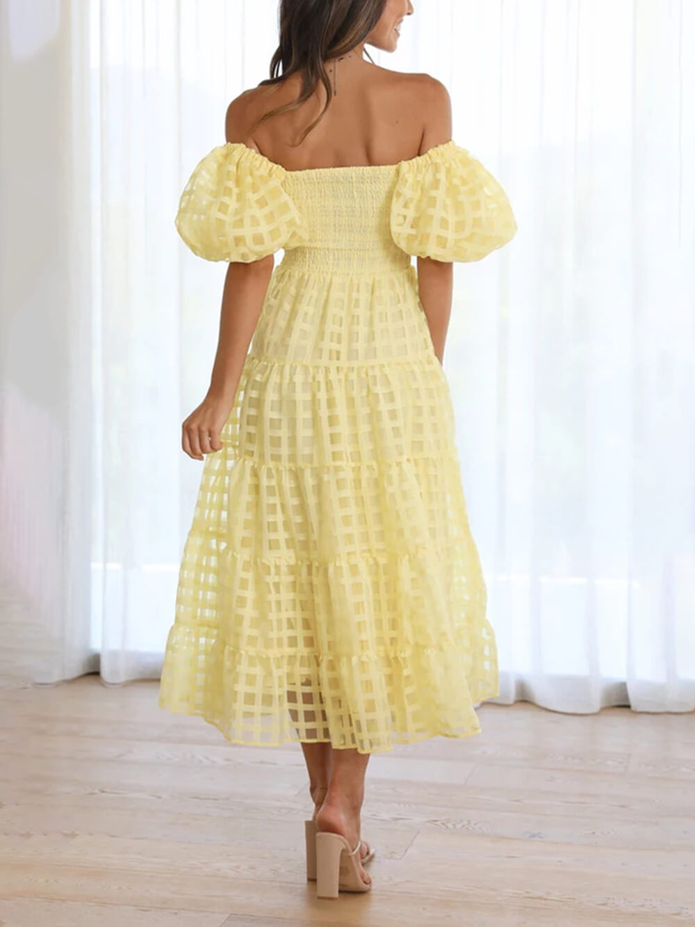 Fashionable One-Shoulder Chiffon Puff Sleeve Swing Midi Dress
