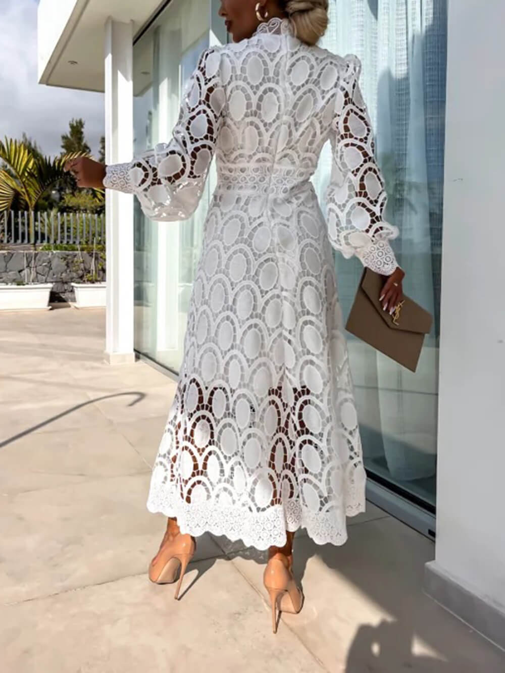 French Lace High-Neck Puff Sleeve Waist-Cinching Midi Dress