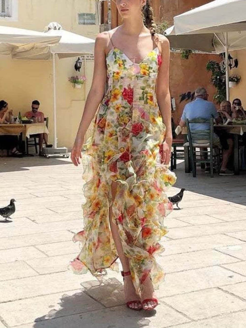 Fashionable Chiffon Printed Off-Shoulder Slit Maxi Dress