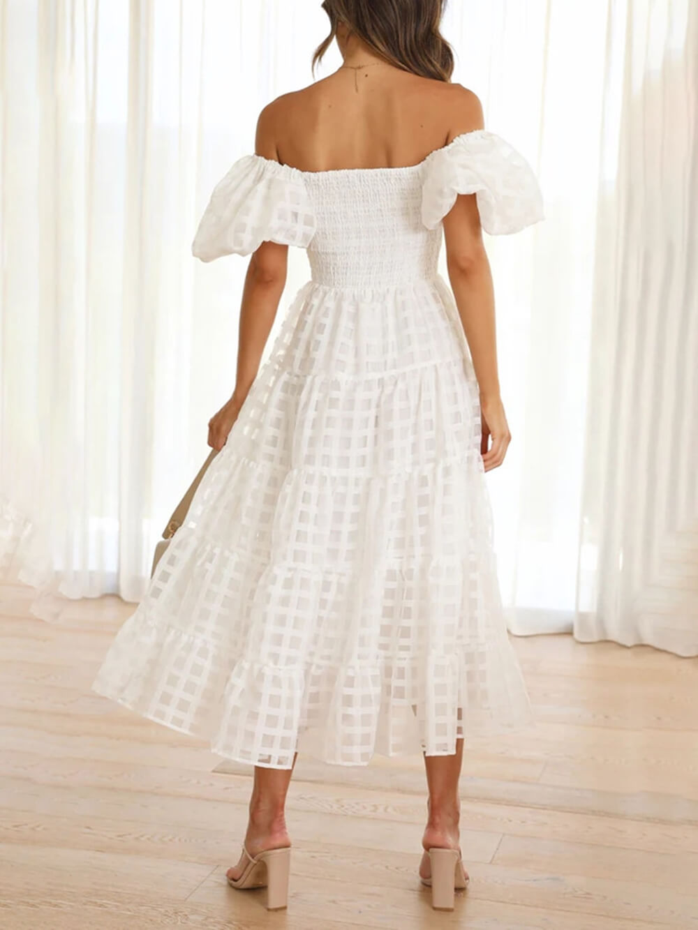 Fashionable One-Shoulder Chiffon Puff Sleeve Swing Midi Dress