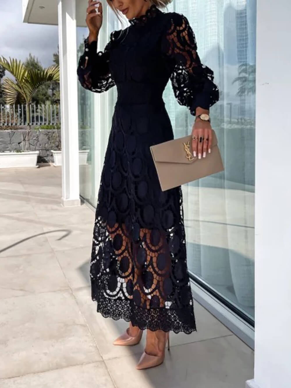 French Lace High-Neck Puff Sleeve Waist-Cinching Midi Dress