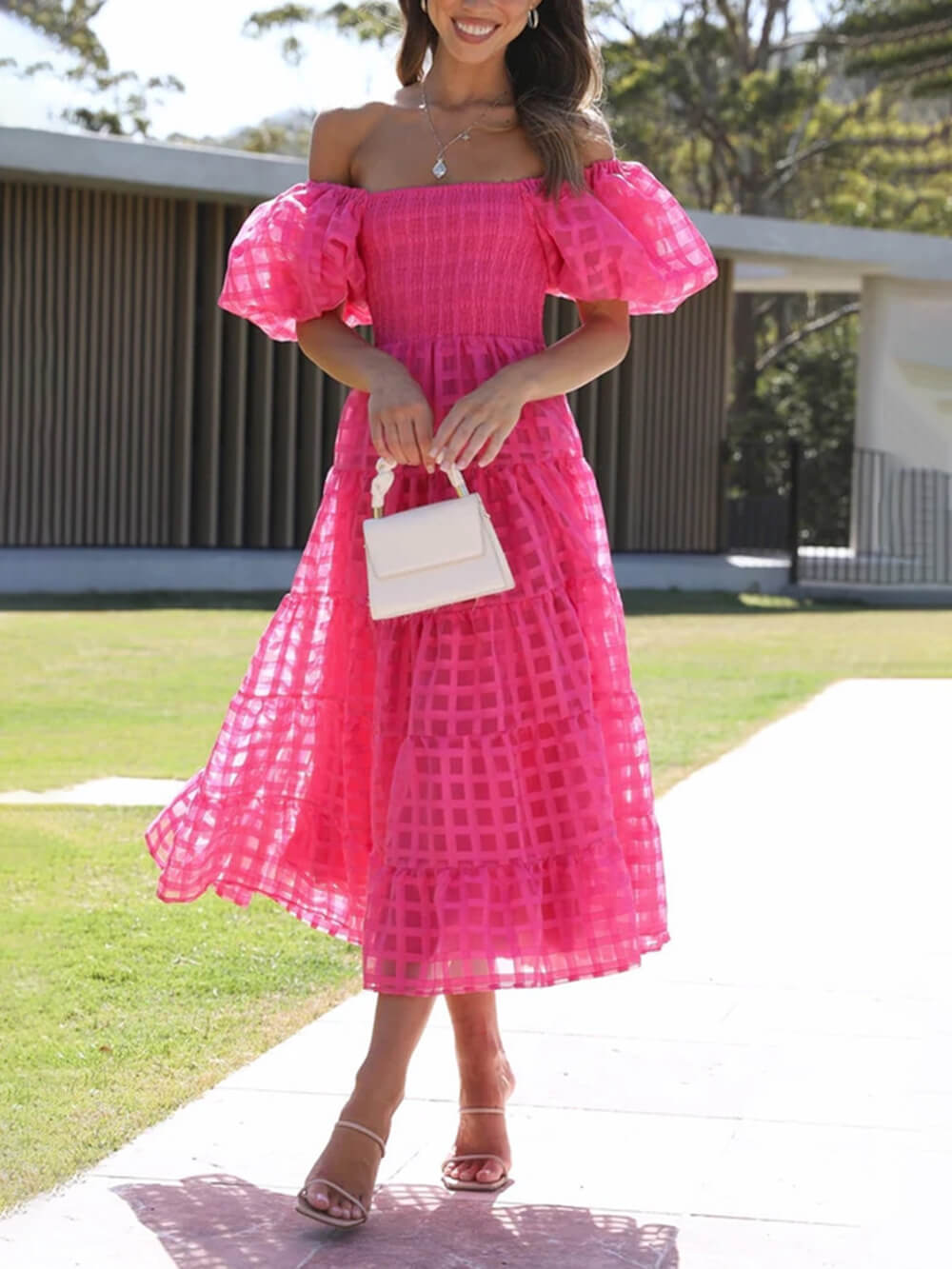 Fashionable One-Shoulder Chiffon Puff Sleeve Swing Midi Dress