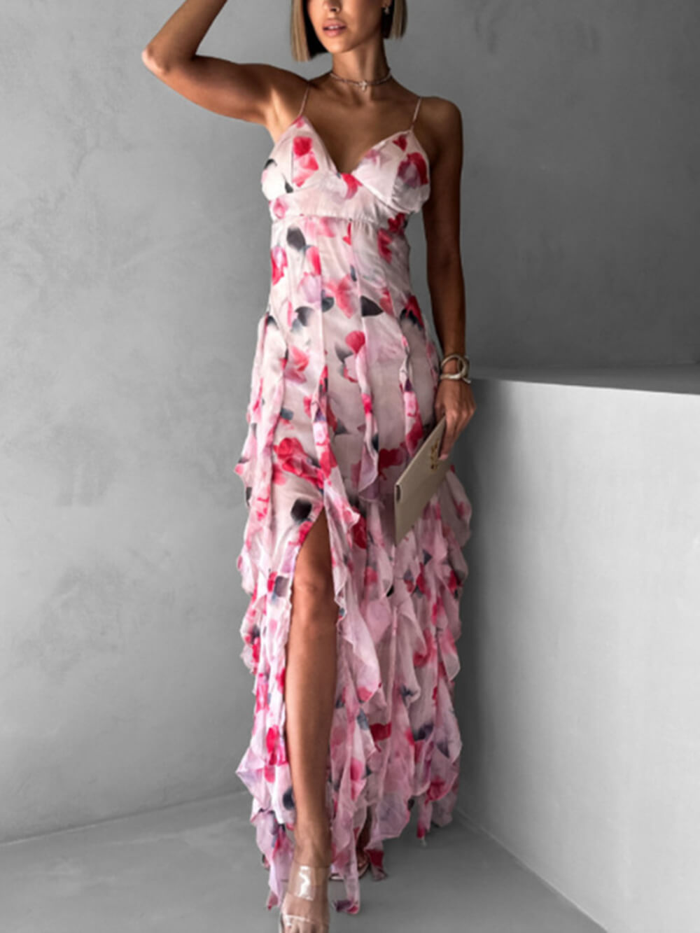 Fashionable Chiffon Printed Off-Shoulder Slit Maxi Dress