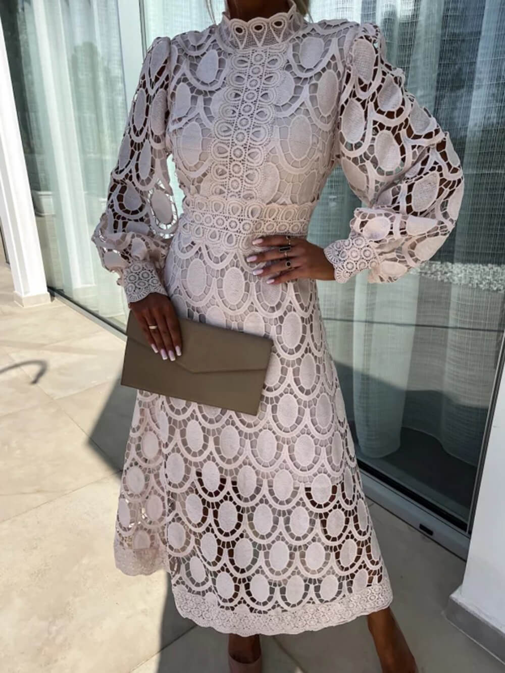 French Lace High-Neck Puff Sleeve Waist-Cinching Midi Dress