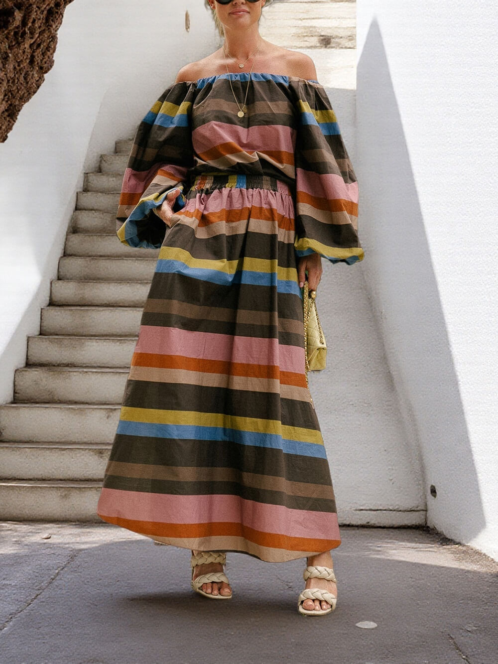 Retro Striped Print Off-Shoulder Puff Sleeve Blouse