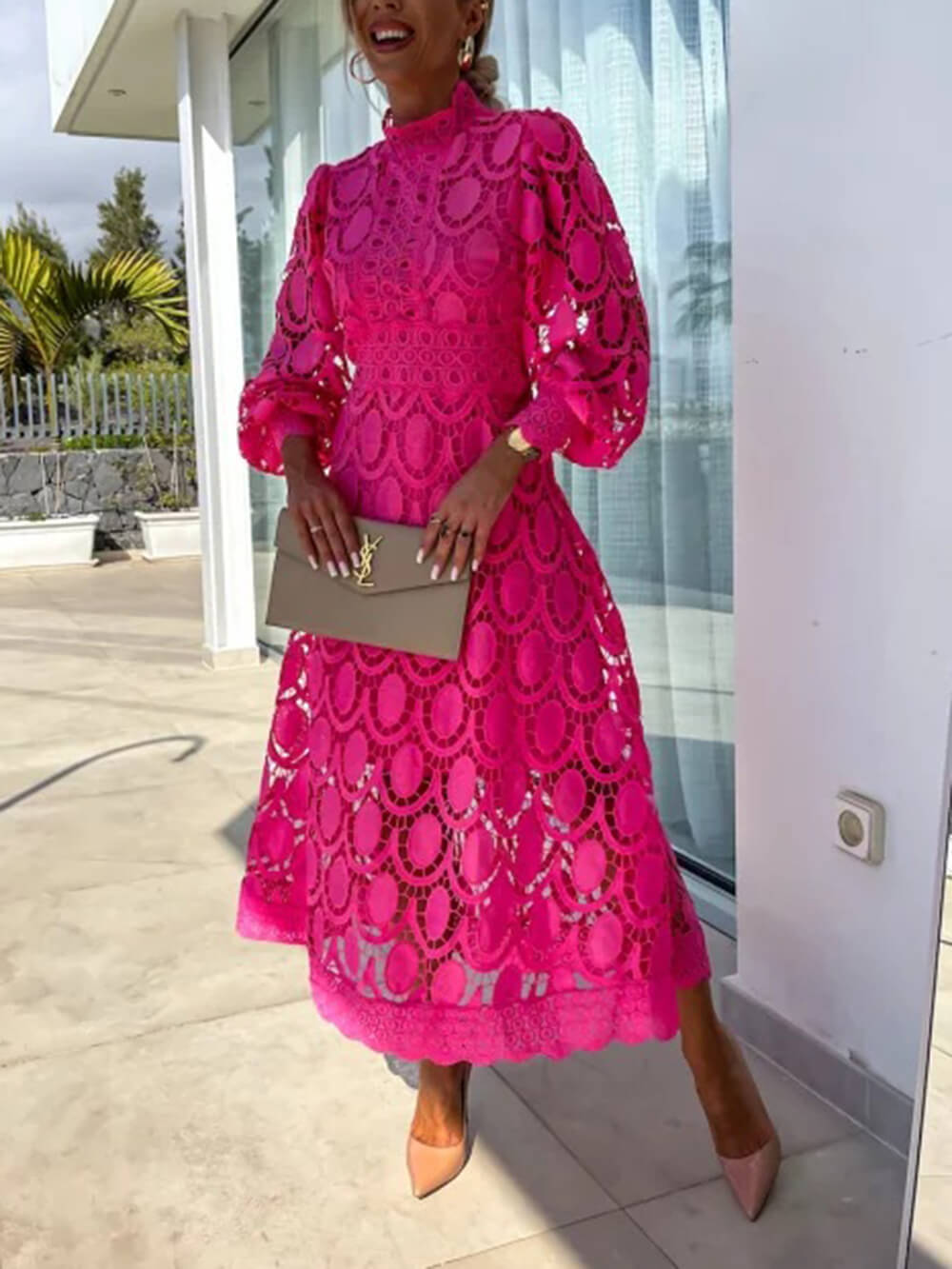 French Lace High-Neck Puff Sleeve Waist-Cinching Midi Dress