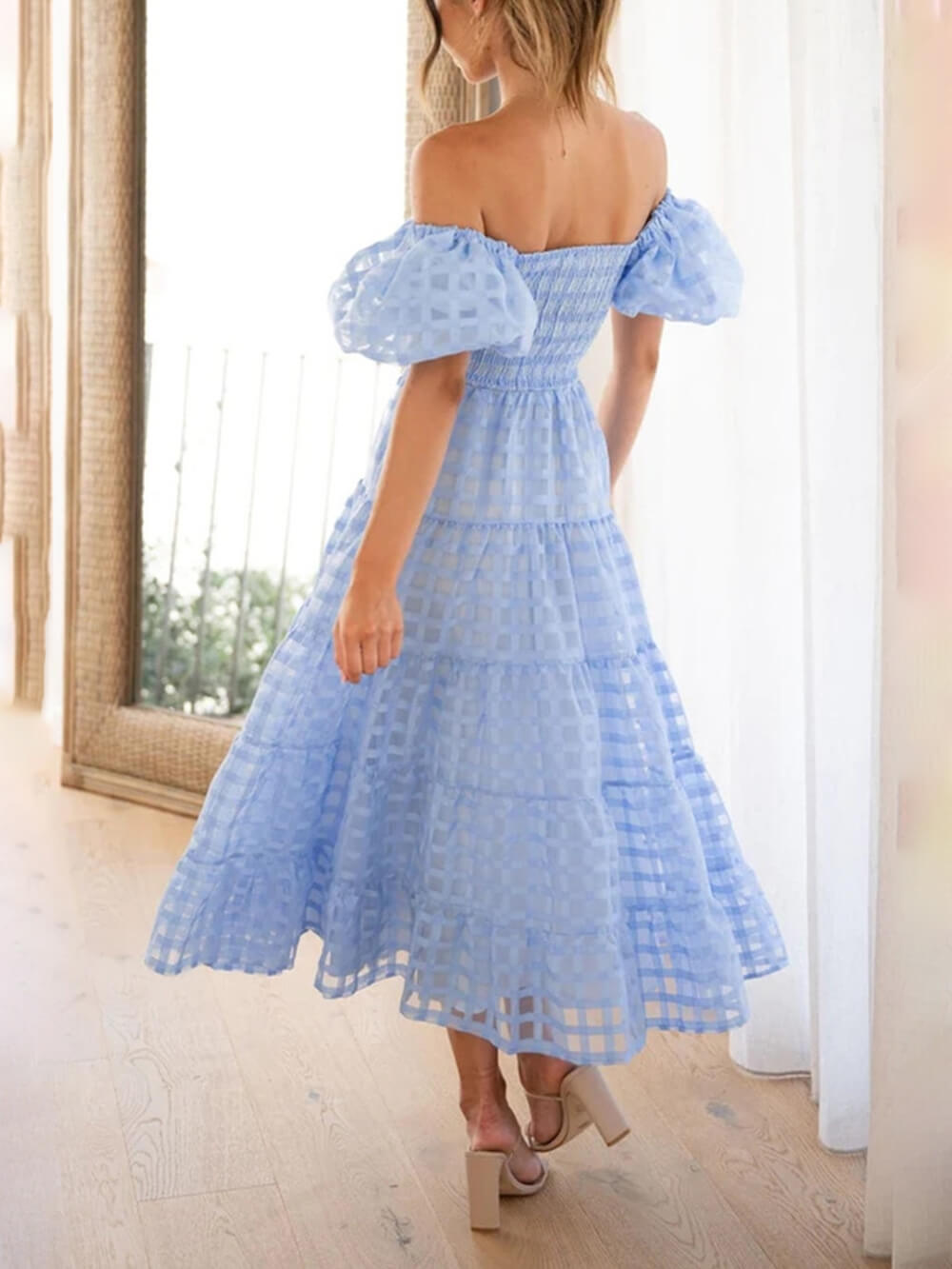 Fashionable One-Shoulder Chiffon Puff Sleeve Swing Midi Dress