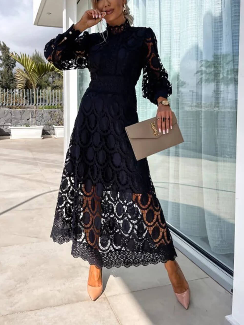 French Lace High-Neck Puff Sleeve Waist-Cinching Midi Dress