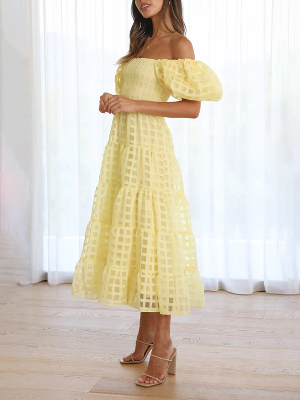 Fashionable One-Shoulder Chiffon Puff Sleeve Swing Midi Dress