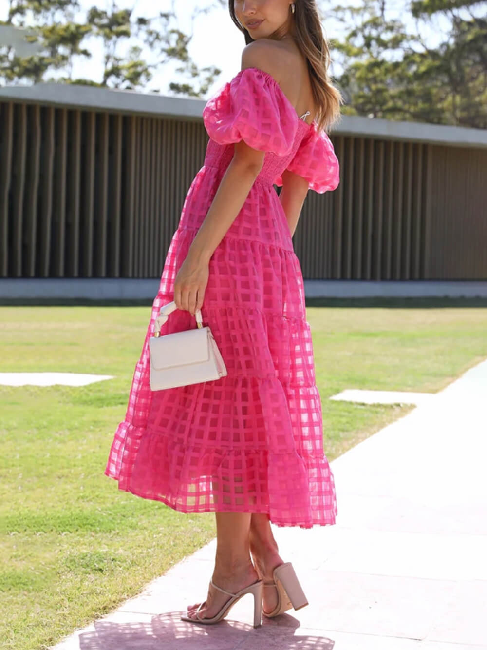 Fashionable One-Shoulder Chiffon Puff Sleeve Swing Midi Dress