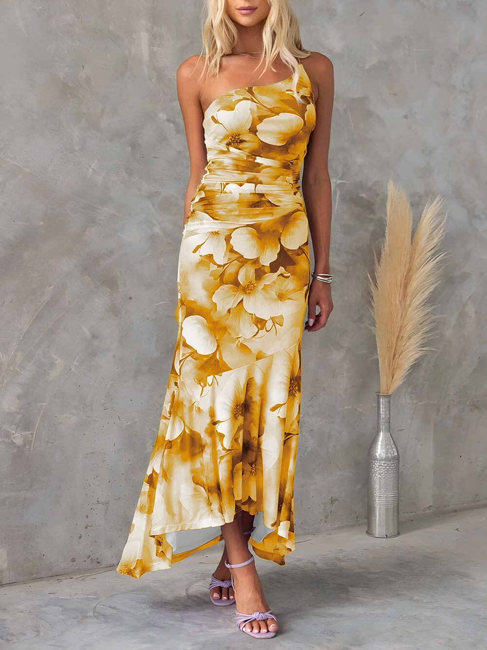 Beautiful Casual Off-Shoulder Floral Print Elastic Slim Irregular Maxi Dress