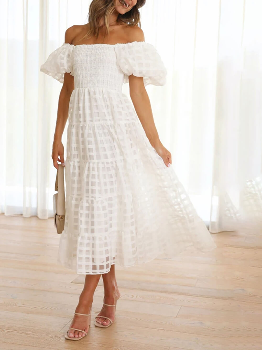 Fashionable One-Shoulder Chiffon Puff Sleeve Swing Midi Dress