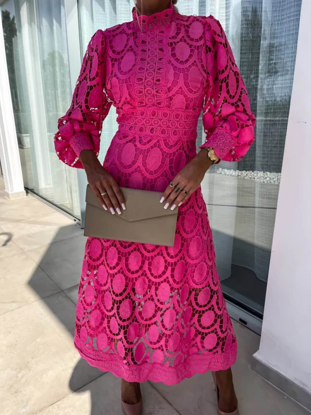 French Lace High-Neck Puff Sleeve Waist-Cinching Midi Dress