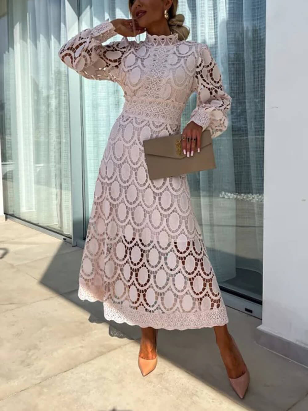 French Lace High-Neck Puff Sleeve Waist-Cinching Midi Dress