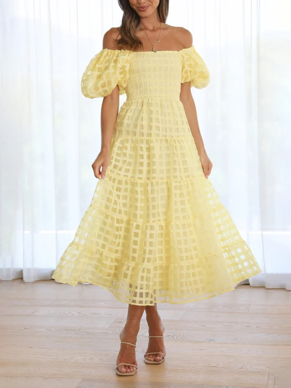 Fashionable One-Shoulder Chiffon Puff Sleeve Swing Midi Dress