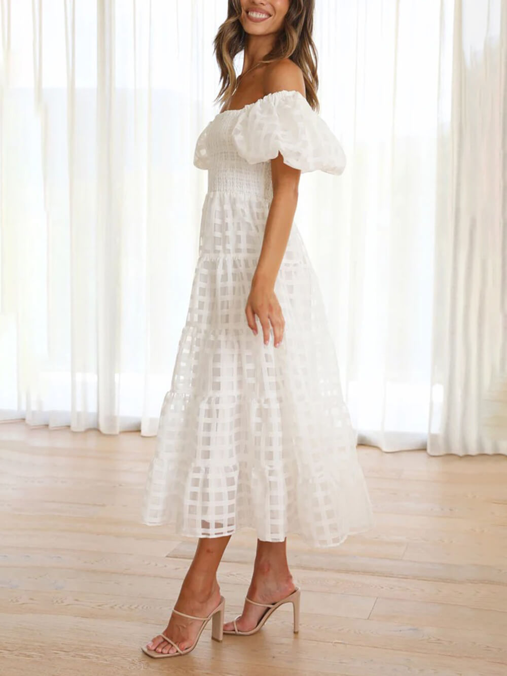 Fashionable One-Shoulder Chiffon Puff Sleeve Swing Midi Dress
