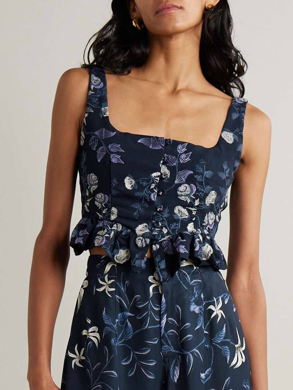 Delicate Floral Print Satin Twill Wide-Leg Pants