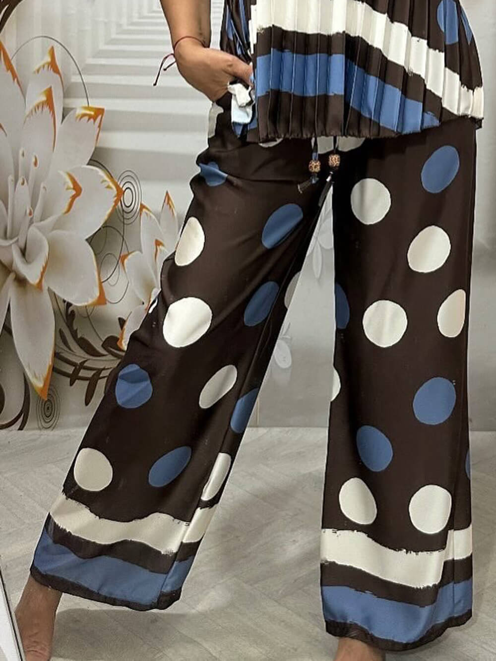Retro Ruched Circular Print Colorblock Elastic-Waist Pocket Wide-Leg Pants