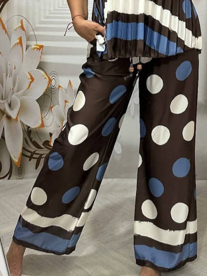 Retro Ruched Circular Print Colorblock Elastic-Waist Pocket Wide-Leg Pants