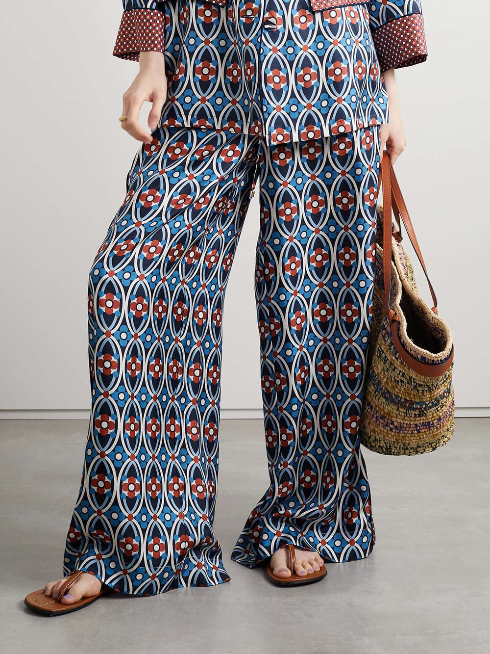 Unique Venice Print Satin Twill Elastic-Waist Wide-Leg Pants