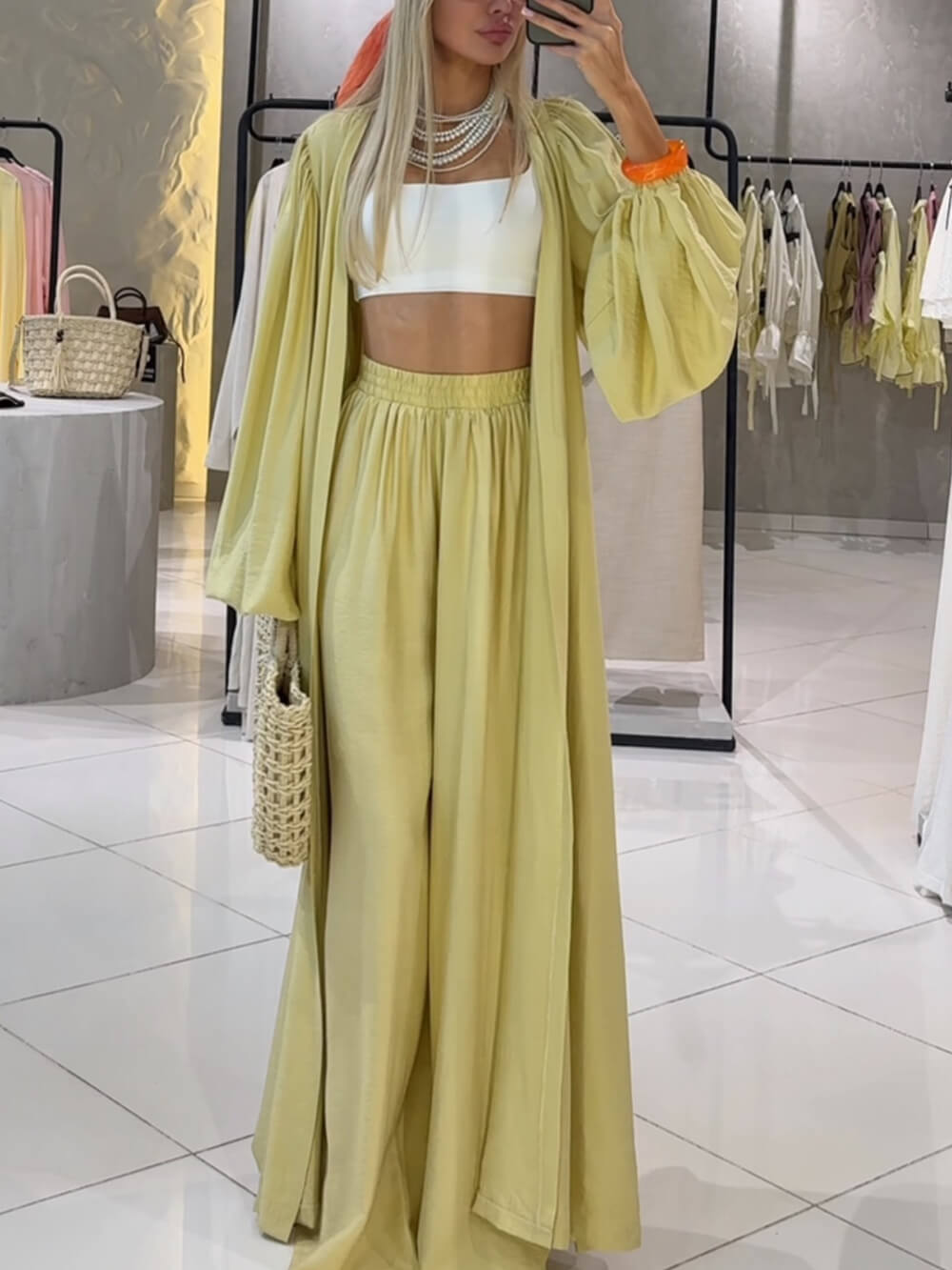 Unique Pleated Lantern Sleeve Cardigan-Style Long Top