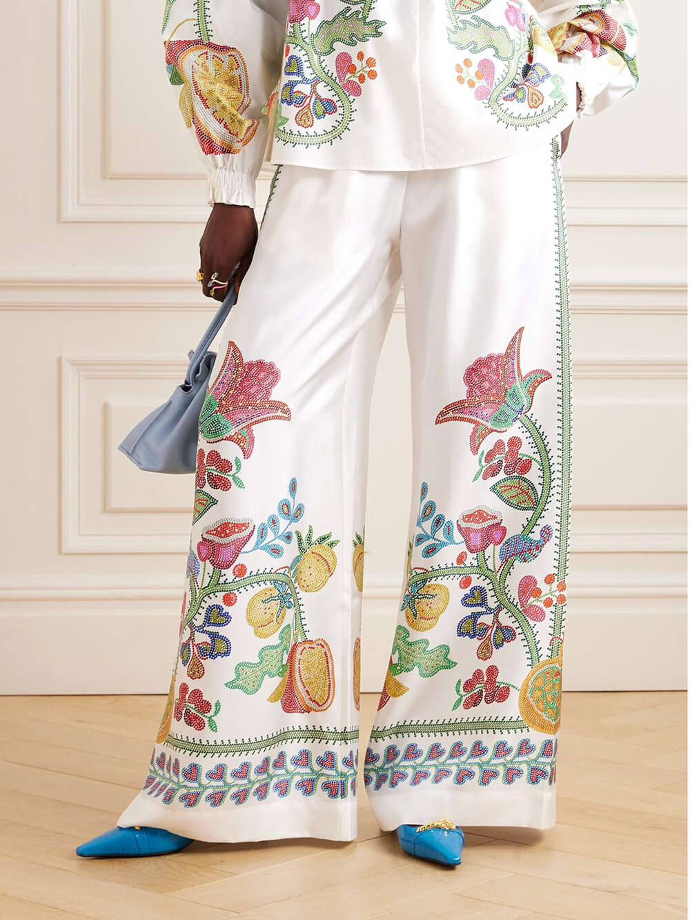Unique Floral Print Satin With Elastic Waist Wide-Leg Pants